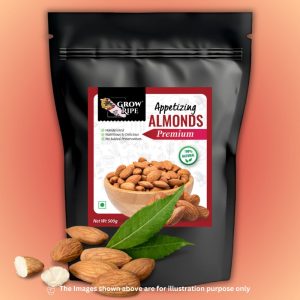 grow ripe california appetizing almonds premium whole, high in fiber, badam giri, rich in protein, magnesium, phosphorus and dietary fibre, nuts & dry fruits (250 gm)